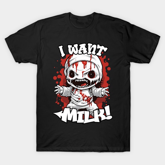 Spooky "I Want Milk" Mummy Cartoon Tee T-Shirt by Skull Riffs & Zombie Threads